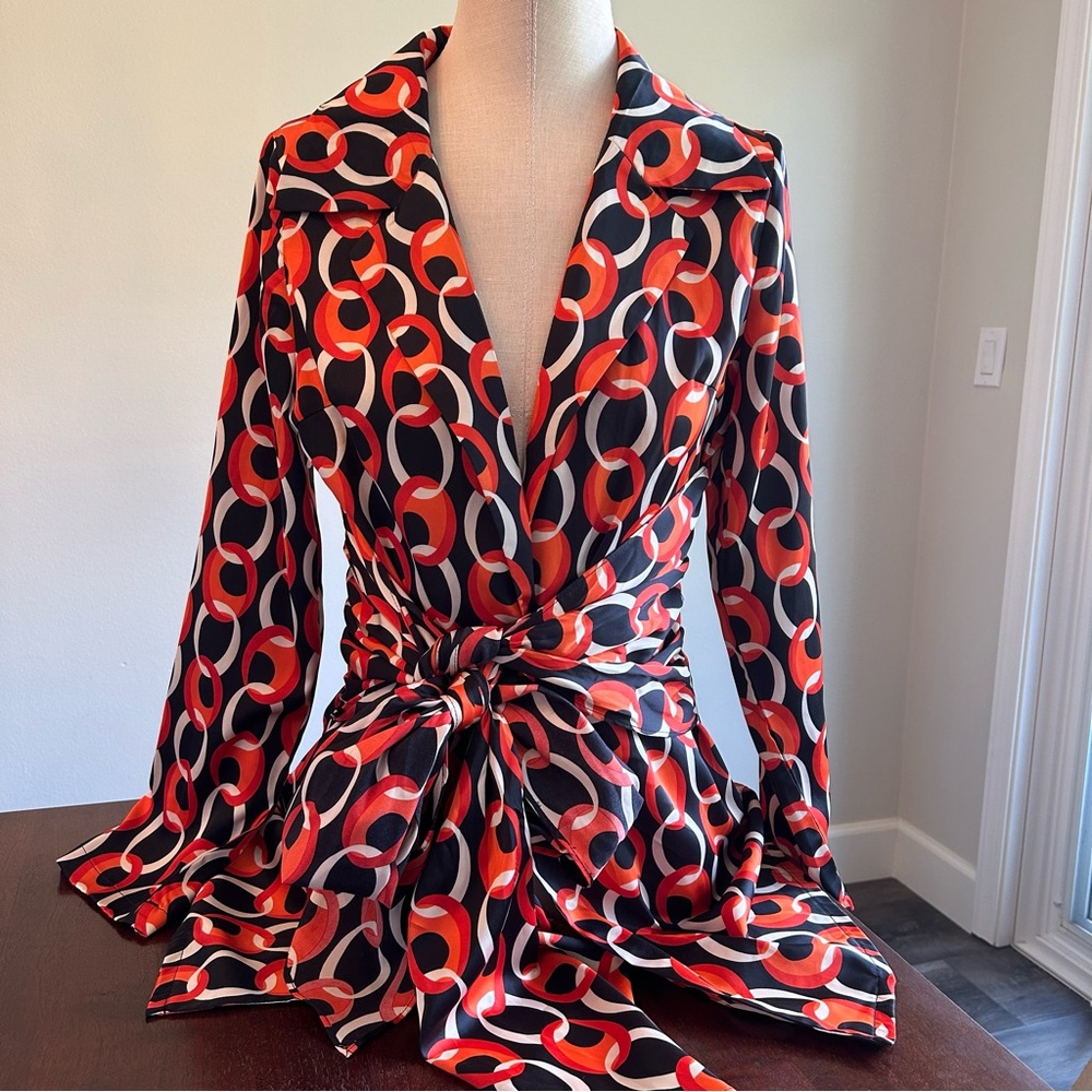 Nasty Gal Retro Print Front Tie Long Sleeve One Button Jacket Top Size 4